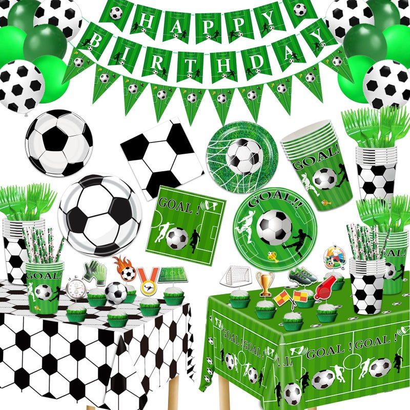 Bolake 172 Pcs Soccer Party Plates Tableware Set Serves 24 Soccer Party Decorations Supplies Includes Plates Napkins Banner Cups Tablecloth for Soccer Birthday Party Decorations - Image 1
